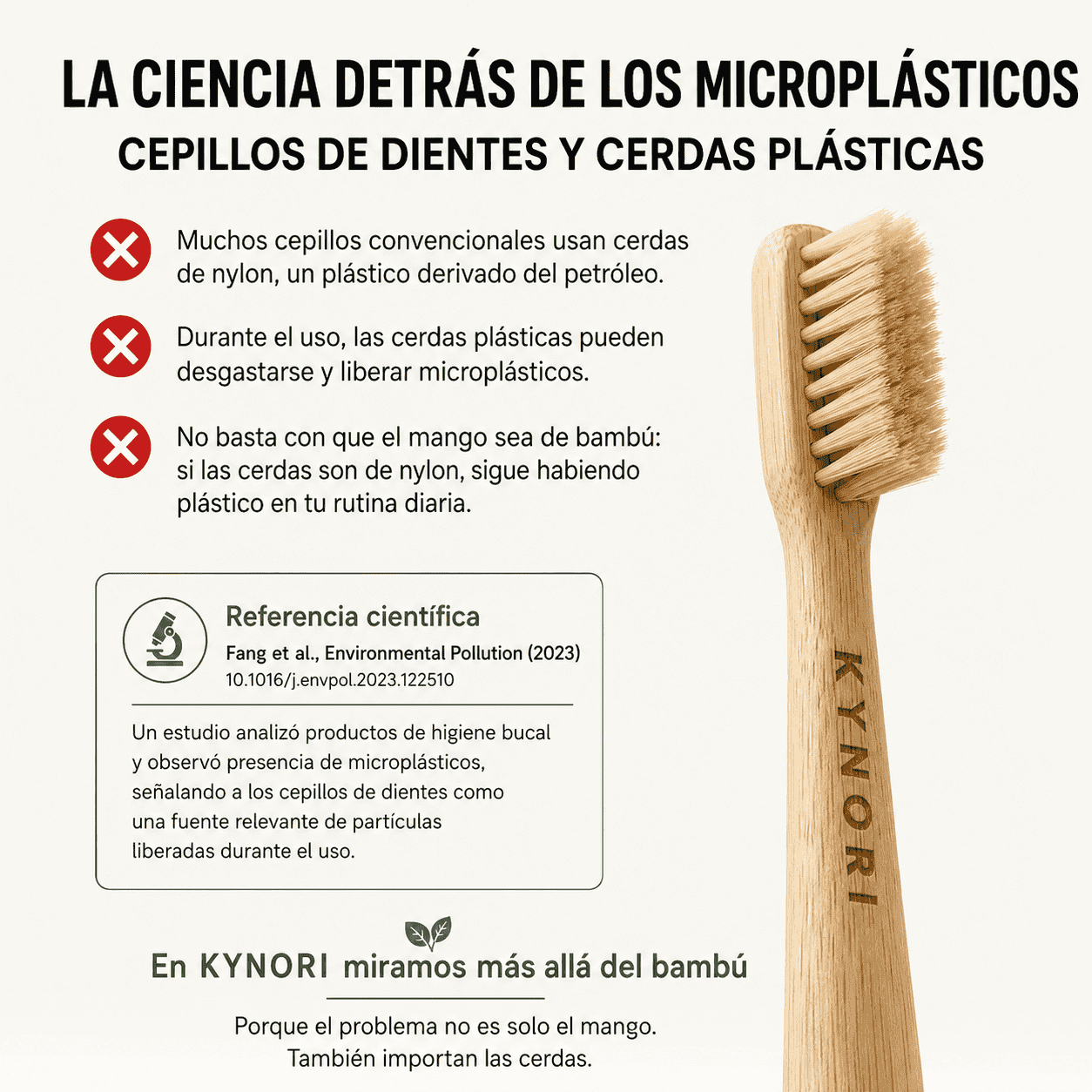 Infografía de KYNORI sobre la liberación de microplásticos en cepillos de dientes con cerdas plásticas y la importancia de elegir cerdas sin nylon