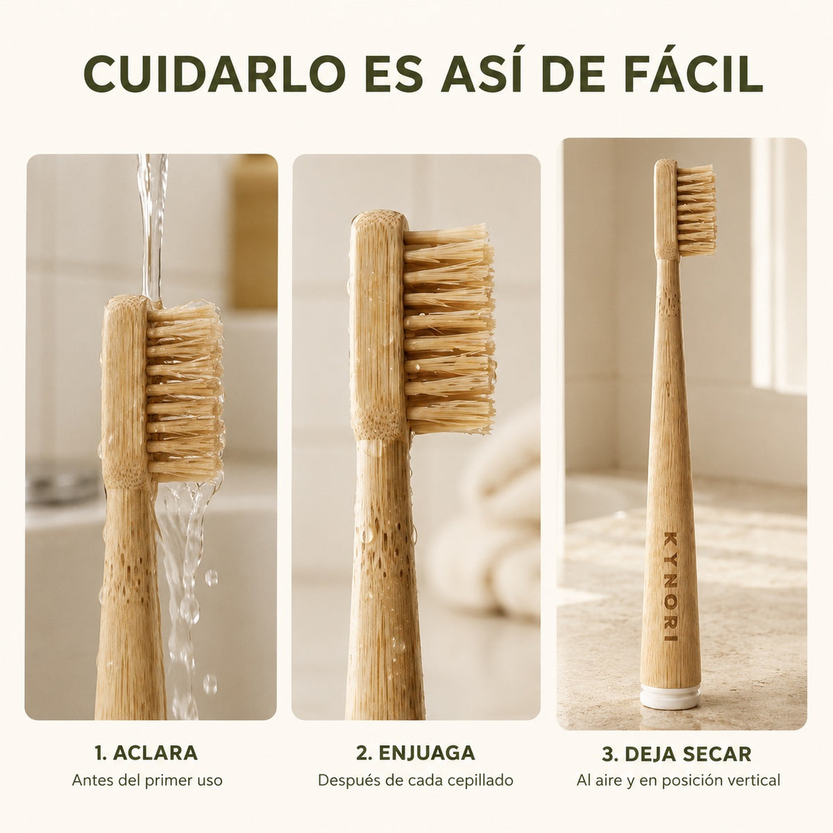 Instrucciones para aclarar, enjuagar y dejar secar en posición vertical el cepillo KYNORI de bambú con cerdas naturales.