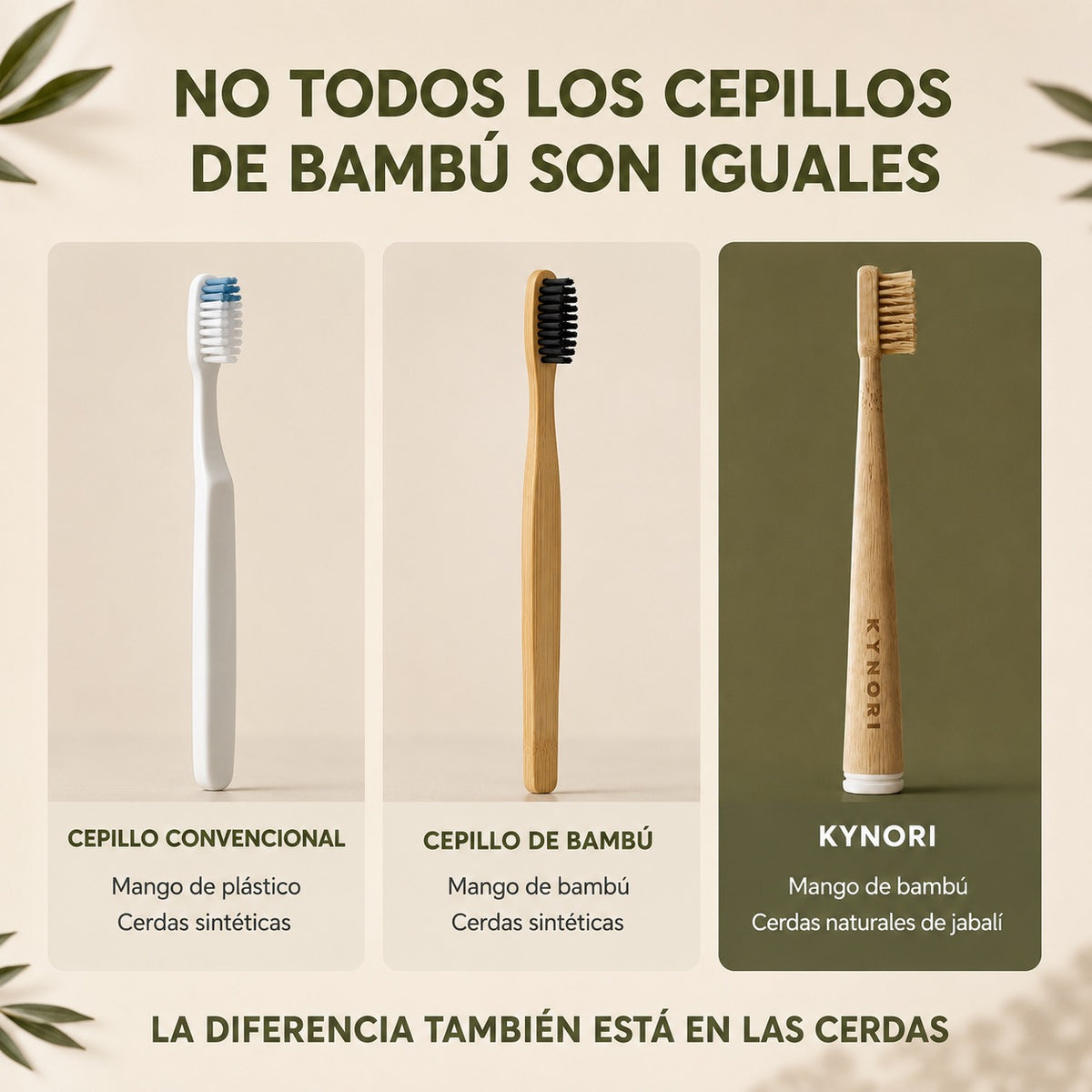 Comparación entre un cepillo convencional, uno de bambú con cerdas sintéticas y KYNORI con cerdas naturales de jabalí.