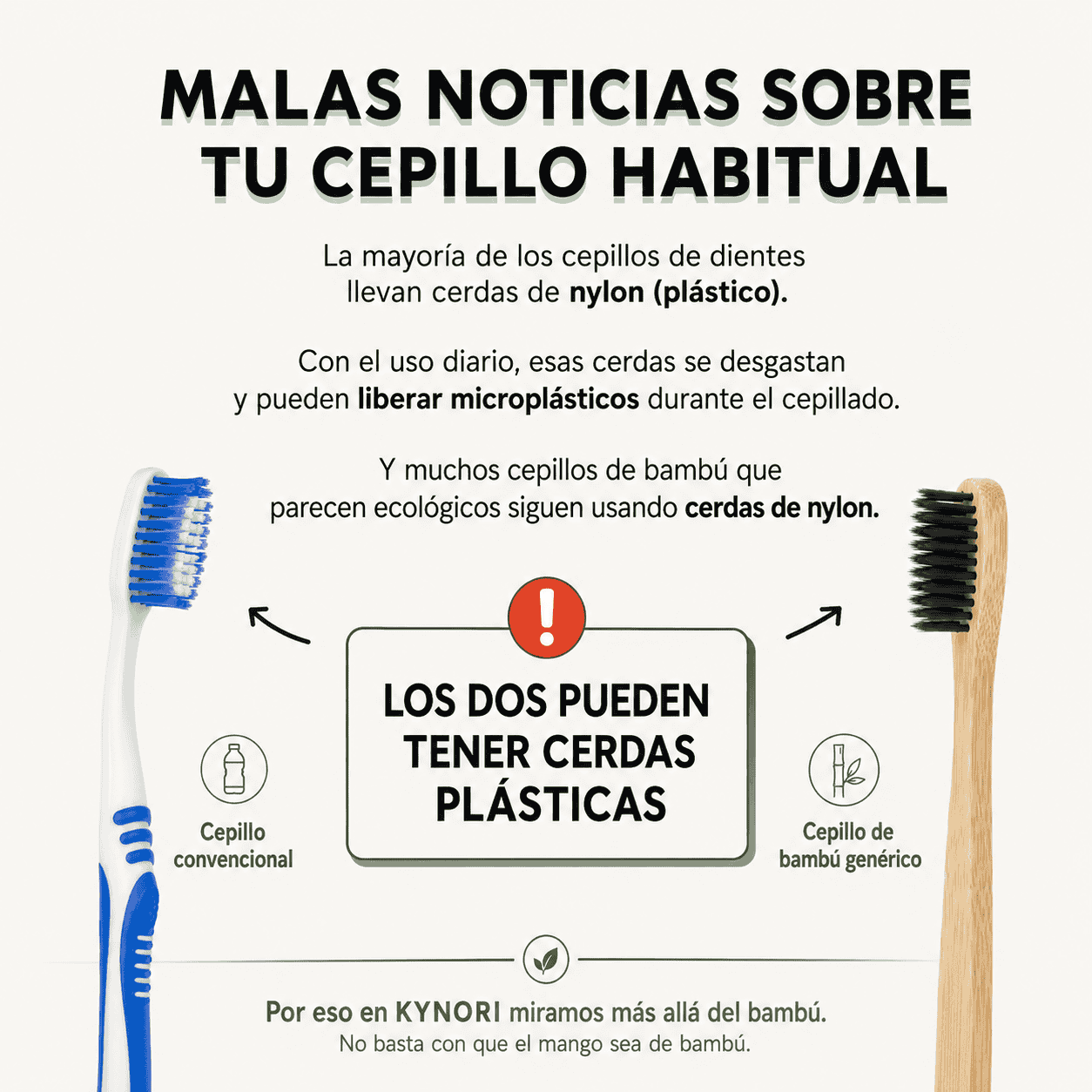 Infografía de KYNORI explicando que muchos cepillos convencionales y cepillos de bambú genéricos pueden tener cerdas plásticas de nylon
