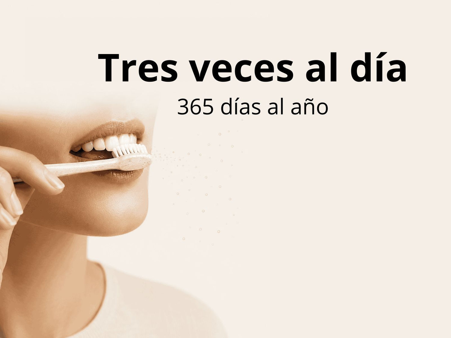 Persona cepillándose los dientes con pequeñas partículas simbólicas saliendo del cepillo para representar la exposición diaria a microplásticos.