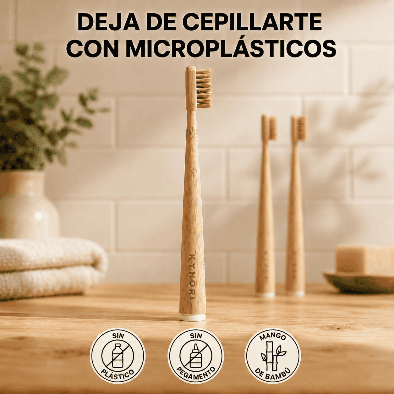 Cepillo de dientes de bambú KYNORI sin plástico ni pegamento, alternativa sostenible para reducir microplásticos en la higiene bucal