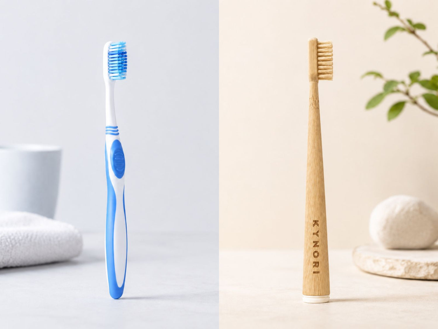 Comparativa entre un cepillo de dientes de plástico azul y blanco y un cepillo de bambú KYNORI sobre un fondo claro