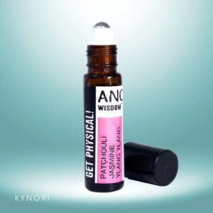 roll on aceites esenciales energía- Ritmo Corporal junto a una flor de jazmín sobre una superficie de seda.