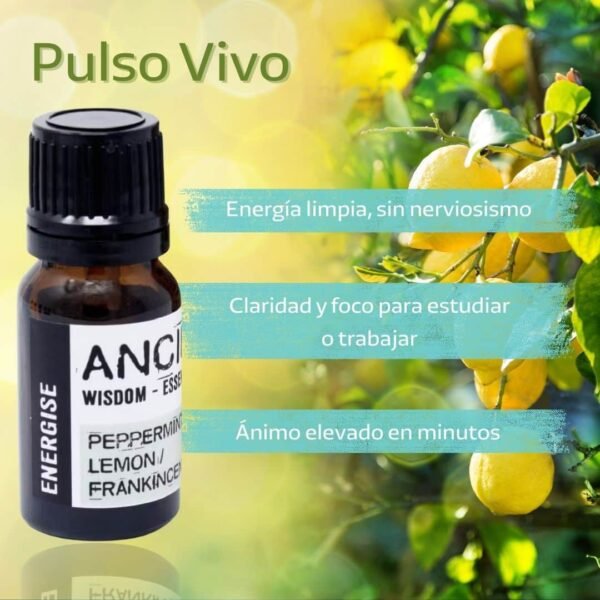 Botella del aceite esencial energizante Pulso Vivo, rodeada de sus ingredientes naturales: menta, limón e incienso.